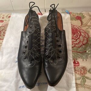 John Fluevog Aurora Black Cream Stitch Perforated Slingback Kitten Heel Shoes